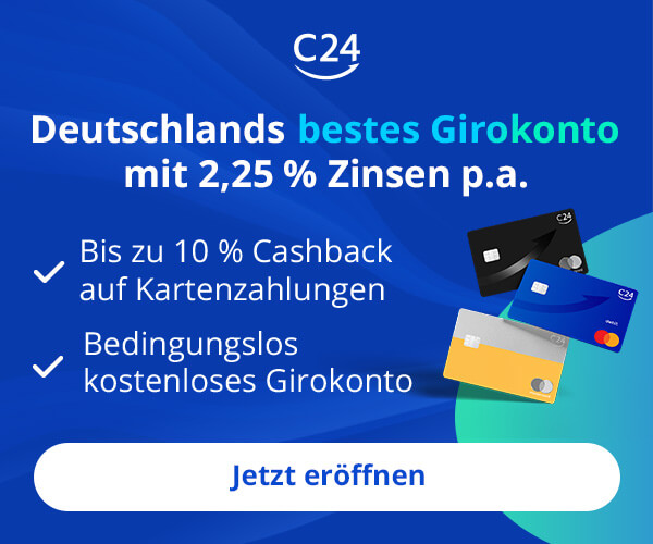 C24 Werbung für ein Girokonto mit 2,25 % Zinsen p.a., inklusive Informationen zu Cashback auf Kartenzahlungen und einem bedingungslos kostenlosen Girokonto.